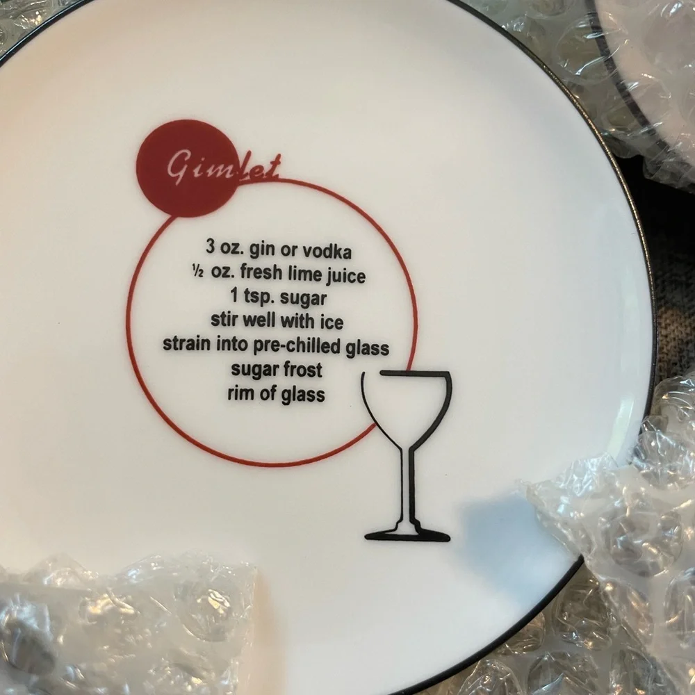 Potterybarn Retro Bar porcelain Mini plates Coaster barware w Cocktail Recipes